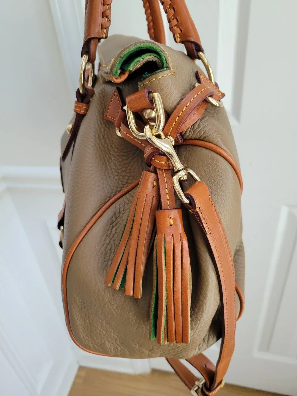 Dooney & Bourke Large Pebble Grain Leather Satchel Taupe Crossbody Tassel Bag